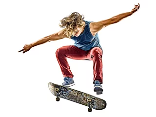 Foto op Aluminium one caucasian skateboarder young teenager man skateboarding isolated on white background © snaptitude