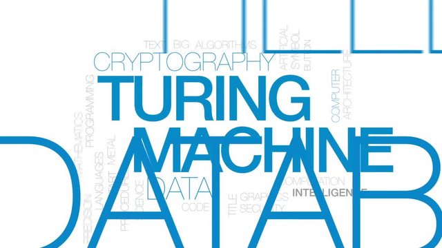 Turing machine animated word cloud, text design animation. Kinetic typography.