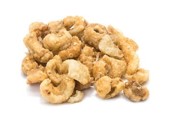 Pork snack, pork rind isolated on white background.
