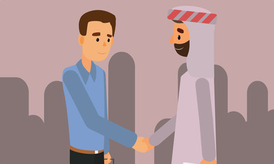 An Arab person shaking hands with a businessman. Diversity Partnership Flat Illustration Vector.
