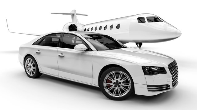 Rich man vehicles painted in white  / 3D render image representing a rich man transportation vehicles painted in white isolated on white background 