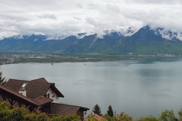 Lake Geneva, flood plain of river Rhone and Alps. Montreux, Switzerland