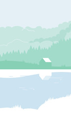 Abstract minimalistic pastel color summer landscape. Country house on the lake, forest, sky. White space for text