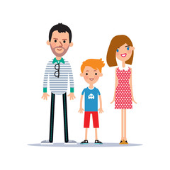 Cartoon style smile family icon. Father, mother and son wearing casual clothes.