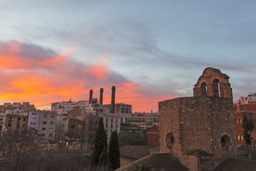 Fototapeta premium Sunrise in the Raval quarter in Barcelona: Sant Pau del Camp church, Spain