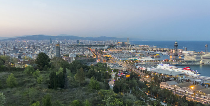 Barcelona skyline panorama at the Blue Hour. Spain