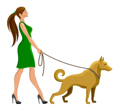 Girl Is Walking With A Dog On A White Background