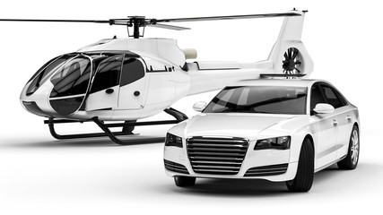 Rich man vehicles painted in white  / 3D render image representing a rich man transportation vehicles painted in white isolated on white background  © Mlke