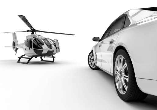 Rich man vehicles painted in white  / 3D render image representing a rich man transportation vehicles painted in white isolated on white background 