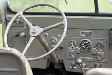 View into a cockpit of a military jeep