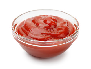 Glass bowl of ketchup