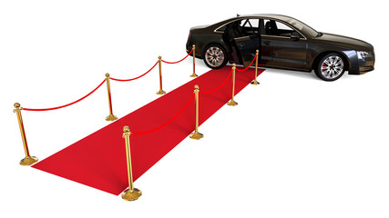  Waiting limousine  / 3D render image representing a high class limousine with a open door waiting at the end of a red carpet 