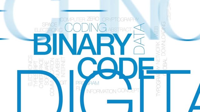 Binary code animated word cloud, text design animation. Kinetic typography.