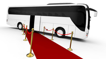 Red carpet Bus  / 3D render image representing an luxury bus at the end of a red carpet 