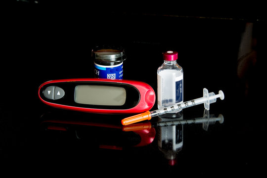 A diabetic's kit for testing blood sugar level.