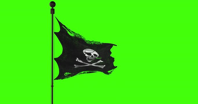 ripped tear grunge old fabric texture of the pirate skull flag waving in wind, calico jack pirate symbol at chroma key green screen background, dark mystery style, hacker and robber concept