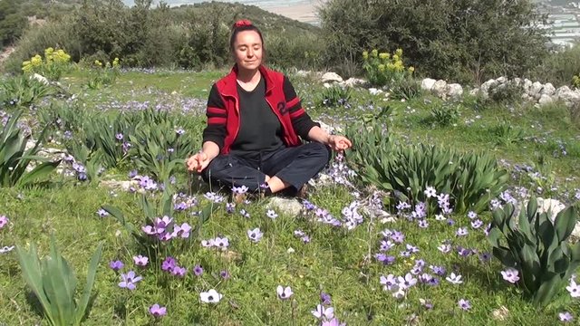 Woman sits in meditation on Anemone meadow