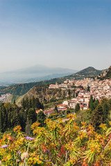 Cityscape of Taormina with Etna, Sicily, Italy
