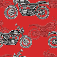 Cotton fabric Motorcycle seamless pattern, vector background. Monochrome illustration. Black and white motorcycles with many details on a red background. For wallpaper design, fabric, wrappers