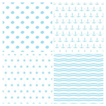 Set of seamless vector patterns for baby boy in marine style. Anchors, seashells waves and starfish