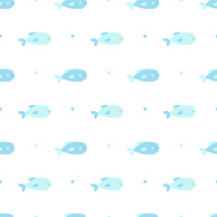Cute fishes seamless vector background. Babies pattern in cartoon style. Shades of blue
