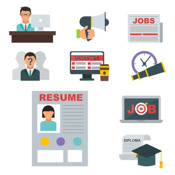 Vector job search icon set computer office concept human recruitment employment work meeting manager