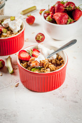 Healthy breakfast. Oatmeal granola crumble with rhubarb, fresh strawberries and blackberries, seeds and ice cream in baked bowls, decorated with mint, on white stone concrete table, copy space