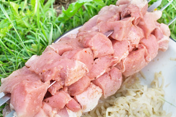 raw meat on skewers