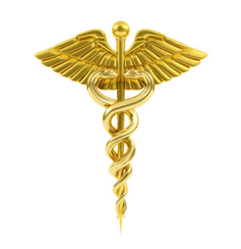 Golden Caduceus Medical Symbol, 3D rendering