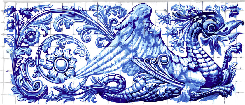 Blue dragon azulejo indigo ceramic tile magnet souvenir. Realistic detailed vector floor pattern ornament ornate illustration