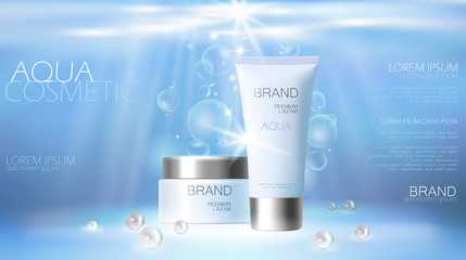 Aqua skin care creme cosmetic ad promoting poster template. Underwater deep sea blue sunlight ray pearls silver vector promo illustration 3d realistic background