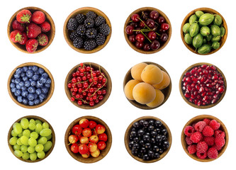 Blueberries, blackberries, cherries, grapes, strawberries, currants, raspberries, bilberries, gooseberries, pomegranate and apricots. Top view.