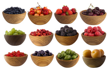 Collage of different fruits and berries isolated on white. Set of strawberries, raspberries, currants, blackberries, gooseberries, apricots, blackberries, grapes and cherries. 