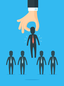 Recruitment concept. Large hand picking right choice from the businessmen silhouettes group. Vector illustration in simple flat style.