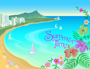 Hawaii ocean bay blue water sunny sky summer travel vacation background. Boats sand beach flowers umbrellas hot day scene landscape view vector illustration