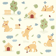 Seamless pattern of funny dogs playing in the garden with a butterfly, a bird and a ladybug
