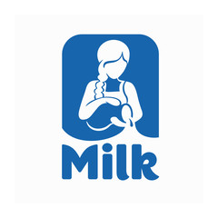 Blue logo girl with a jug of milk on a gray background