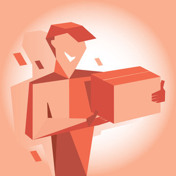 Smile man in cap with box in red. Fast delivery, loader with a box