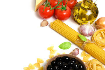 Top view: pasta or italian spaghetti on white background