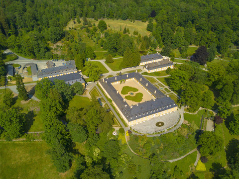 Aerial view of ch&acirc;teau Kozel. Hunting castle in the classical style. Famous tourist attraction and wedding place near Pilsen, Czech republic, European union.