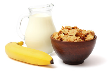 Glass jug pitcher of fresh milk with glass, oatmeal and banana isolated on white background carafe