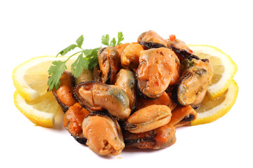 marinated mussels isolated on white background