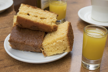 home cake with juice, breakfast on the terrace