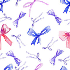 Watercolor bows, hand drawn ribbons isolated on white background, seamless pattern, decorative illustration decorative elements for design greeting cards, wedding invitation, packaging, advertising