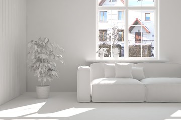 White room with sofa. Scandinavian interior design. 3D illustration