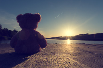 Concept for childhood memories. Back view of a teddy bear on wooden pier admiring the sunset