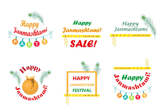 Happy Krishna Janmashtami set of typography with pot, peacock feather, flute. Indian holiday. Vector illustration