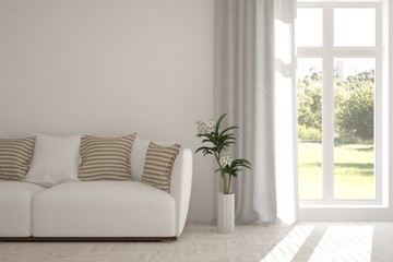 White room with sofa and green landscape in window. Scandinavian interior design. 3D illustration