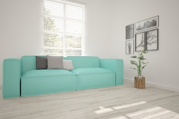 White modern room with sofa. Scandinavian interior design. 3D illustration
