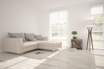 White modern room with sofa. Scandinavian interior design. 3D illustration